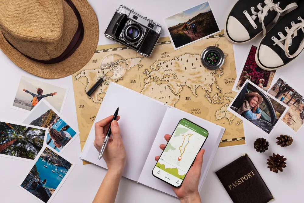 Planning a trip with a map, camera and phone